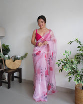 Gazing Soft Pink Rose Printed Pure Organza Saree
